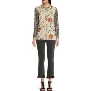 JOHN MARK Point Collar Long Sleeve EMBROIDERED LEOPARD BLOUSE Cheetah Tunic M